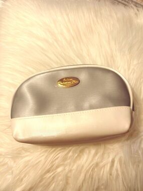 Two-Tone Gray and Cream Cosmetic Pouch with Gold Accent